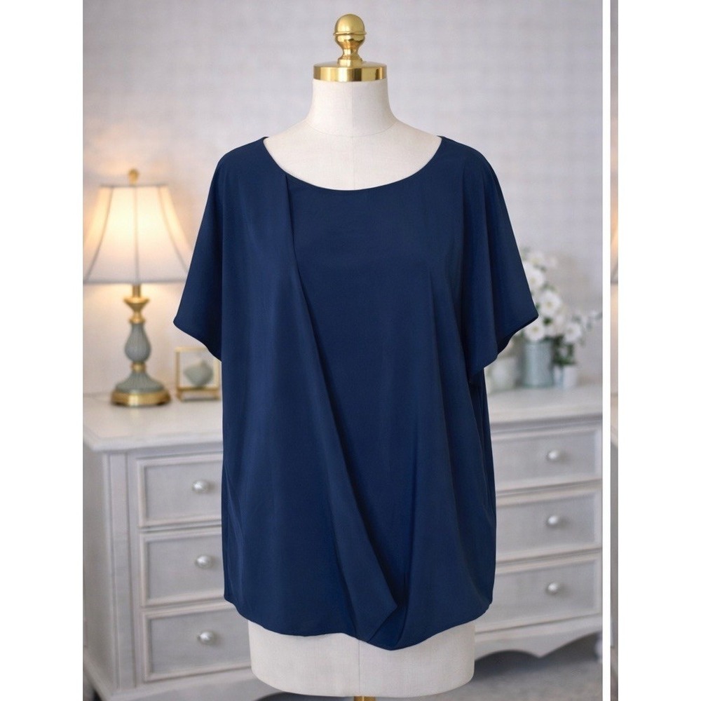 Soft Surroundings Go Lively Travel Top‎ Size Small Navy Blue Drape Short Sleeves